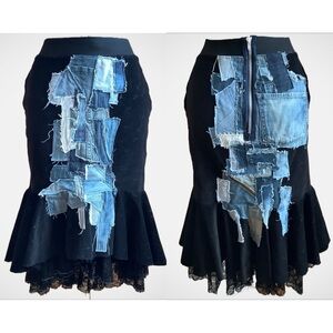 LOVEMATTERS Designer Black Corduroy & Patchwork Denim Skirt Size XS